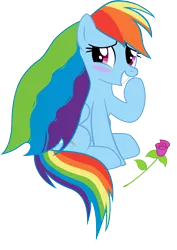 Size: 4533x6412 | Tagged: safe, artist:rainbowmaned, derpibooru import, rainbow dash, pegasus, pony, absurd resolution, alternate hairstyle, blushing, commission, cute, dashabetes, female, flower, mare, simple background, smiling, solo, transparent background, vector