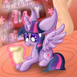 Size: 1000x1000 | Tagged: safe, artist:twyla-midfel, derpibooru import, part of a set, twilight sparkle, twilight sparkle (alicorn), alicorn, pony, ask changeling twilight, tumblr:ask changeling twilight, big ears, female, glowing horn, golden oaks library, horn, letter, magic, part of a series, scroll, solo, story, telekinesis, tumblr