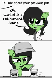 Size: 1500x2264 | Tagged: safe, artist:chopsticks, derpibooru import, oc, oc:anon, oc:anonfilly, unofficial characters only, pony, cheek fluff, clothes, comic, dark comedy, dialogue, ear fluff, female, filly, filly anon is not amused, glue, glue factory, hat, hoof fluff, implied death, job interview, necktie, offscreen character, simple background, text, unamused