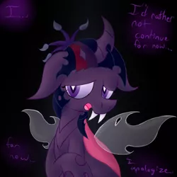 Size: 1000x1000 | Tagged: alicorn, artist:twyla-midfel, ask changeling twilight, big ears, caption, cave, cavern, changeling, changelingified, changeling princess, changeling queen, curved horn, derpibooru import, female, floppy ears, horn, jagged horn, nervous, part of a series, part of a set, safe, scared, shy, shy twi, solo, species swap, stressed, tumblr, tumblr:ask changeling twilight, twilight sparkle, twilight sparkle (alicorn)