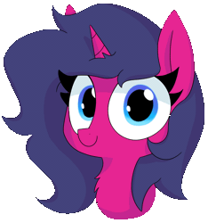 Size: 2498x2670 | Tagged: safe, artist:wafflecakes, derpibooru import, oc, oc:fizzy pop, unofficial characters only, pony, unicorn, animated, bust, chest fluff, cute, eye shimmer, female, licking, licking lips, looking at you, mare, mlem, ocbetes, silly, simple background, smiling, solo, tongue out, transparent background