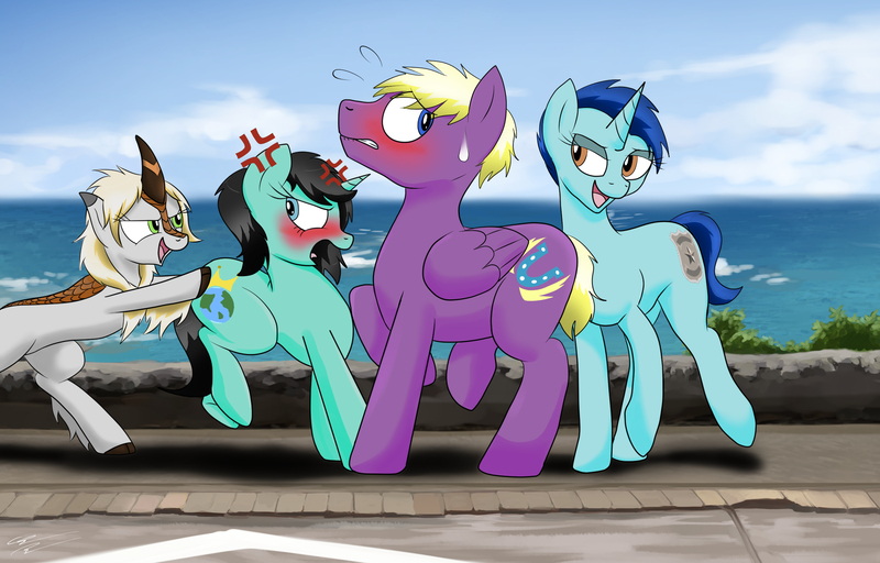 Size: 2500x1600 | Tagged: safe, artist:wolftendragon, derpibooru import, oc, oc:emily, oc:george, unofficial characters only, kirin, pegasus, pony, unicorn, blushing, female, male, mare, stallion