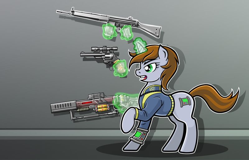 Size: 2522x1626 | Tagged: safe, artist:wangkingfun, derpibooru import, oc, oc:littlepip, pony, unicorn, fallout equestria, fanfic, assault rifle, battle rifle, clothes, cutie mark, energy weapon, fanfic art, female, glowing horn, gun, h&k g3, handgun, heckler and koch, hooves, horn, laser rifle, levitation, little macintosh, magic, magical energy weapon, mare, open mouth, optical sight, pipbuck, raised hoof, revolver, rifle, scope, solo, teeth, telekinesis, vault suit, weapon