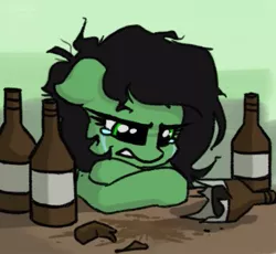 Size: 383x352 | Tagged: safe, artist:plunger, derpibooru import, oc, oc:anonfilly, unofficial characters only, earth pony, pony, alcohol, angry tears, beer, beer bottle, booze, bottle, female, filly