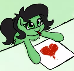Size: 412x391 | Tagged: safe, artist:plunger, derpibooru import, oc, oc:anonfilly, unofficial characters only, earth pony, pony, crayon, cute, female, filly, heart, mouth hold, ocbetes, solo