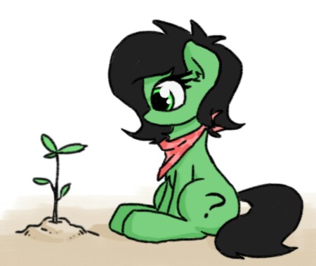 Size: 450x379 | Tagged: safe, artist:plunger, derpibooru import, oc, oc:anonfilly, unofficial characters only, earth pony, pony, bandana, female, filly, plant, sapling, sitting