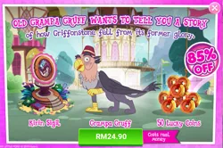 Size: 1037x689 | Tagged: safe, derpibooru import, official, grampa gruff, gryphon, kirin, advertisement, costs real money, gameloft, lucky coin, rhyme, sale