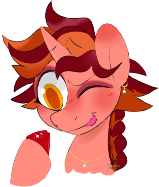Size: 834x982 | Tagged: safe, artist:incubugs, derpibooru import, oc, oc:ruby quartz, unofficial characters only, pony, unicorn, ear piercing, earring, gem, jewelry, necklace, one eye closed, piercing, request, solo