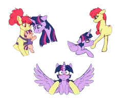 Size: 1924x1572 | Tagged: safe, artist:saphi-boo, derpibooru import, apple bloom, twilight sparkle, twilight sparkle (alicorn), oc, alicorn, earth pony, pony, soul bond au, age difference, baby, baby pony, blushing, crying, female, floppy ears, grin, hooves, horn, lesbian, magical lesbian spawn, mare, offspring, older, parent:apple bloom, parent:twilight sparkle, parents:twibloom, shipping, simple background, smiling, soulmate marks, spread wings, tears of joy, transparent background, twibloom, wings