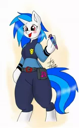 Size: 720x1152 | Tagged: arm hooves, artist:theuzbee, clothes, cosplay, costume, derpibooru import, judy hopps, magnetic hooves, pen, police uniform, red eyes, safe, semi-anthro, source needed, vinyl scratch, zootopia
