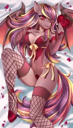 Size: 574x1000 | Tagged: suggestive, artist:pink-pinktooth, derpibooru import, oc, oc:delilah garnet, unofficial characters only, anthro, bat pony, unguligrade anthro, anthro oc, bat pony oc, bat wings, breasts, cleavage, clothes, commission, female, fishnets, flower petals, hand on chest, hearts and hooves day, holiday, lingerie, looking at you, lying down, mare, red eyes, shoes, slit eyes, slit pupils, solo, solo female, valentine's day, wings, ych result