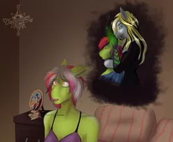 Size: 2165x1774 | Tagged: anthro, anthro oc, artist:blackblood-queen, bed, breasts, changeling, changeling queen, changeling queen oc, clothes, crying, derpibooru import, ear piercing, earring, eyes closed, fangs, female, flower, jewelry, mare, oc, oc:golden delicious, oc:margarite mix, oc:queen eris, picture, piercing, pillow, semi-grimdark, smiling, story in the source, thought bubble, unofficial characters only