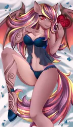Size: 2586x4500 | Tagged: suggestive, artist:pink-pinktooth, derpibooru import, oc, oc:delilah garnet, unofficial characters only, anthro, bat pony, unguligrade anthro, anthro oc, babydoll, bat pony oc, bat wings, breasts, cleavage, clothes, commission, female, hearts and hooves day, high heels, holiday, lingerie, looking at you, lying down, mare, nightgown, pale belly, panties, red eyes, shoes, slit eyes, slit pupils, solo, solo female, underwear, valentine's day, wings, ych result