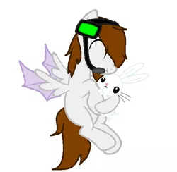 Size: 588x574 | Tagged: safe, artist:midnightdarkhybrid, derpibooru import, angel bunny, oc, oc:deadlox, oc:enderlox, ponified, dracony, dragon, hybrid, pony, rabbit, animal, blank flank, brown hair, colored wings, crossover, cute, deadlox, dragon wings, duo, enderdragon, eyes closed, flying, headphones, headset, hug, loxabetes, male, mcyt, microphone, minecraft, non-mlp oc, ocbetes, ponified oc, simple background, smiling, team crafted, white background, wings, youtube