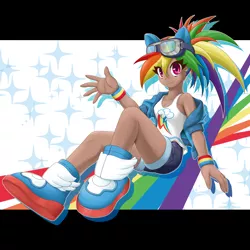 Size: 2000x2000 | Tagged: safe, artist:ragurimo, derpibooru import, kotobukiya, rainbow dash, human, bishoujo, clothes, cute, dark skin, dashabetes, female, goggles, humanized, jacket, koto dash, kotobukiya rainbow dash, looking at you, shoes, shorts, smiling, sneakers