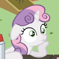 Size: 500x500 | Tagged: safe, artist:nightshadowmlp, derpibooru import, sweetie belle, pony, unicorn, ponyville confidential, box, exploitable meme, female, filly, grass, image macro, meme, ms paint, obligatory pony, scene interpretation, shed, show accurate, solo, sudden clarity sweetie belle, table, thermos, wall