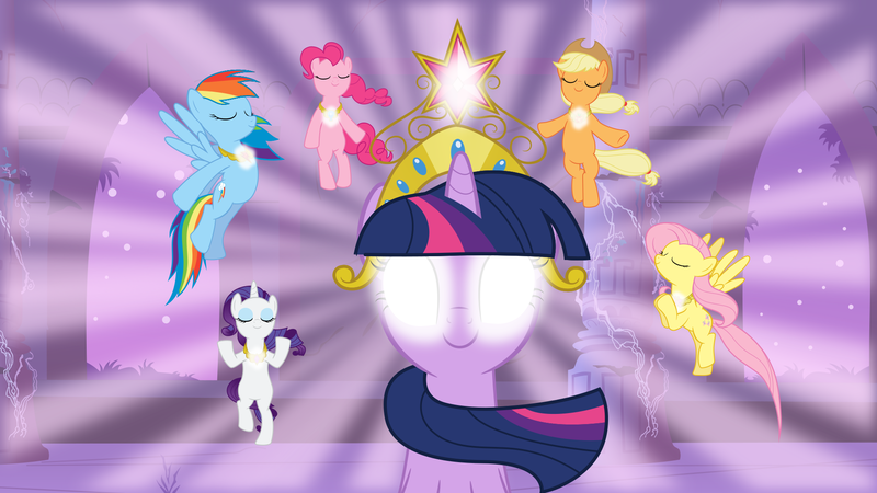 Size: 1920x1080 | Tagged: safe, artist:proenix, derpibooru import, applejack, fluttershy, pinkie pie, rainbow dash, rarity, twilight sparkle, earth pony, pegasus, pony, unicorn, friendship is magic, .svg available, big crown thingy, element of generosity, element of honesty, element of kindness, element of laughter, element of loyalty, element of magic, elements of harmony, eyes closed, female, floating, glowing eyes, group, jewelry, light, magic, mane six, mare, necklace, regalia, smiling, svg, the elements in action, unicorn twilight, vector