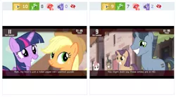 Size: 738x407 | Tagged: safe, derpibooru import, edit, edited screencap, screencap, amethyst skim, applejack, log jam, twilight sparkle, twilight sparkle (alicorn), alicorn, earth pony, pegasus, pony, unicorn, cinemare sins, derpibooru, smile hd, the cutie map, applejack's hat, background pony, cowboy hat, duo, equal cutie mark, equalized mane, female, hat, juxtaposition, lol, looking at each other, male, mare, meta, our town, stallion, stepford smiler, stetson