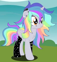 Size: 4788x5169 | Tagged: safe, artist:rainbowsurvivor, derpibooru import, oc, oc:pastel chole, unofficial characters only, alicorn, pony, absurd resolution, alicorn oc, chest fluff, female, freckles, heterochromia, horn, mare, multicolored hair, rainbow hair, solo, tattoo, wings