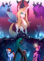 Size: 931x1280 | Tagged: safe, artist:jazzyz401, derpibooru import, queen chrysalis, rainbow dash, twilight sparkle, changeling queen oc, oc, changeling, changeling queen, pegasus, pony, unicorn, fanfic, fanfic:ill winds, blue changeling, cave, crystal, fanfic art, fanfic cover, female, glowing horn, horn, purple changeling, red changeling, slit eyes, slit pupils, white changeling, wings
