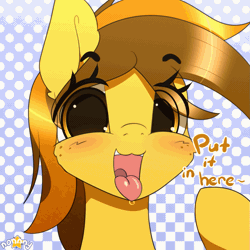 Size: 1111x1111 | Tagged: suggestive, artist:n0nnny, derpibooru import, oc, oc:swiss cheese, pony, animated, commission, dialogue, drool, female, frame by frame, gif, mare, open mouth, pointing, pointing at self, polka dot background, silly, teeth, tongue out