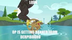 Size: 1280x720 | Tagged: apple bloom, bald eagle, beak, big macintosh, bird, caption, derpibooru, derpibooru import, duck, eagle, edit, edited screencap, image macro, impact font, meta, open beak, open mouth, pinkie apple pie, river, safe, screencap, text, that friggen eagle, tree, wheel, wheelduck