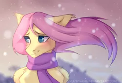 Size: 1680x1150 | Tagged: safe, artist:kaitowivil, derpibooru import, fluttershy, pony, blushing, bust, clothes, female, looking away, mare, portrait, scarf, smiling, solo, stray strand, three quarter view, windswept mane