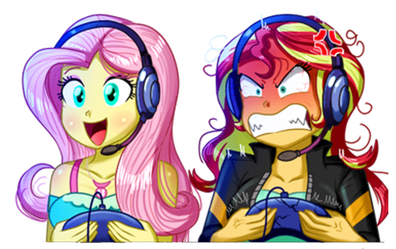 Size: 2158x1360 | Tagged: safe, artist:the-butch-x, derpibooru import, edit, fluttershy, sunset shimmer, equestria girls, equestria girls series, game stream, spoiler:eqg series (season 2), angry, bloodshot eyes, clothes, controller, cross-popping veins, cute, female, gamer sunset, gamershy, geode of fauna, happy, headphones, headset, magical geodes, meme, open mouth, psycho gamer sunset, rage, rage face, rageset shimmer, shrunken pupils, shyabetes, simple background, sunset gamer, sunset shimmer frustrated at game, sunset shimmer is not amused, unamused, upscaled, varying degrees of amusement, white background