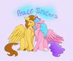 Size: 2919x2447 | Tagged: safe, artist:bellbell123, derpibooru import, oc, oc:aspen, oc:bella pinksavage, alicorn, pony, alicorn oc, cute, digital art, female, hippie, horn, jewelry, necklace, nuzzling, peace symbol, siblings, sisterly love, sisters, wings