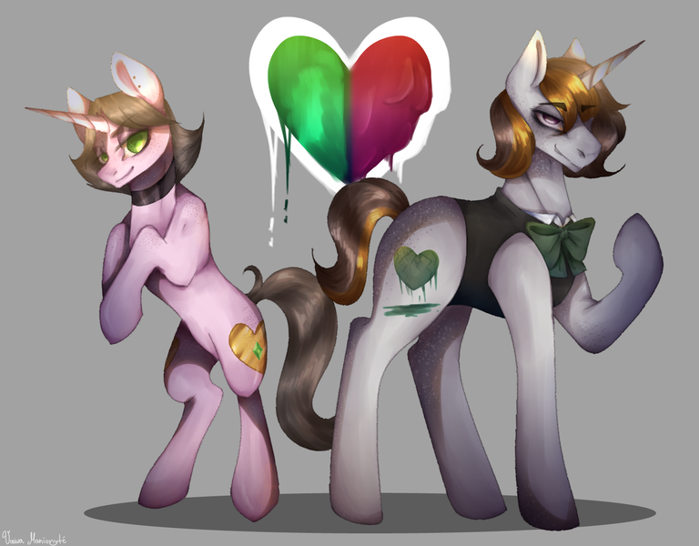 Size: 1500x1172 | Tagged: safe, artist:rottengotika, derpibooru import, oc, oc:adaline heart, oc:elliott heartbreak, pony, unicorn, clothes, duo, heart, horn, poison, related, relatives, simple background, unicorn oc