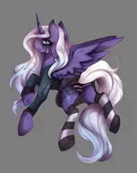 Size: 791x1001 | Tagged: suggestive, artist:rottengotika, derpibooru import, oc, oc:star nebula moon, unofficial characters only, alicorn, pony, alicorn oc, angry, clothes, hoodie, horn, long tail, makeup, panties, running makeup, skirt, socks, solo, stockings, striped socks, striped underwear, thigh highs, underwear, upskirt, wings