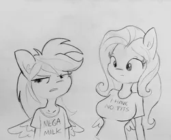 Size: 1544x1268 | Tagged: suggestive, artist:tjpones, derpibooru import, fluttershy, rainbow dash, anthro, bat pony, pegasus, accessory swap, breast envy, breasts, busty fluttershy, clothes, clothes swap, delicious flat chest, duo, ear fluff, female, flutterbat, lineart, mare, mega milk, meme, mix-up, monochrome, opposite, race swap, rainbow flat, shirt, simple background, sketch, smoldash, t-shirt, tallershy, traditional art