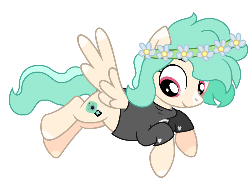 Size: 1057x757 | Tagged: safe, artist:fandom-crockpot, artist:shiibases, derpibooru import, oc, oc:snap happy, unofficial characters only, pegasus, pony, base used, clothes, female, floral head wreath, flower, flying, mare, raised hoof, shirt, simple background, solo, transparent background