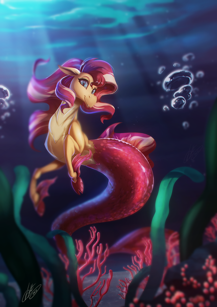 Size: 1767x2500 | Tagged: artist:light262, cloven hooves, colored hooves, derpibooru import, female, looking at you, safe, signature, siren, sirenified, smiling, solo, species swap, sunset shimmer, sunset siren, underwater, water