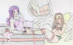 Size: 2333x1443 | Tagged: artist:divjustice, barefoot, bdsm, beanbag chair, bed, bedroom eyes, blanket, blushing, bondage, bra, breasts, clothes, commission, derpibooru import, ear piercing, earring, erotic tickling, evening lilly, eyebrow piercing, eyeshadow, feather, feet, female, females only, femdom, femsub, fetish, foot fetish, green underwear, human, humanized, humanized oc, icey-verse, jar, jewelry, lesbian, lingerie, lip bite, lotion, magical lesbian spawn, makeup, nail polish, next generation, nightgown, nose piercing, nose ring, oc, oc:evening glitter, oc:white lilly, oc x oc, offspring, oil, paintbrush, panties, parent:applejack, parents:applerise, parents:shimmerglimmer, parent:starlight glimmer, parent:strawberry sunrise, parent:sunset shimmer, piercing, ribbon, shipping, simple background, socks, soles, submissive, suggestive, tickle fetish, tickle torture, tickling, traditional art, underwear, unofficial characters only, wall of tags, watermark, white background, winged humanization, wings