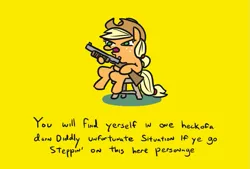 Size: 751x508 | Tagged: safe, artist:jargon scott, derpibooru import, edit, editor:reb4ham, applejack, earth pony, pony, cowboy hat, delet this, don't tread on me, faic, female, freckles, gadsden flag, gun, hat, hoof hold, mare, shotgun, simple background, solo, weapon, yellow background