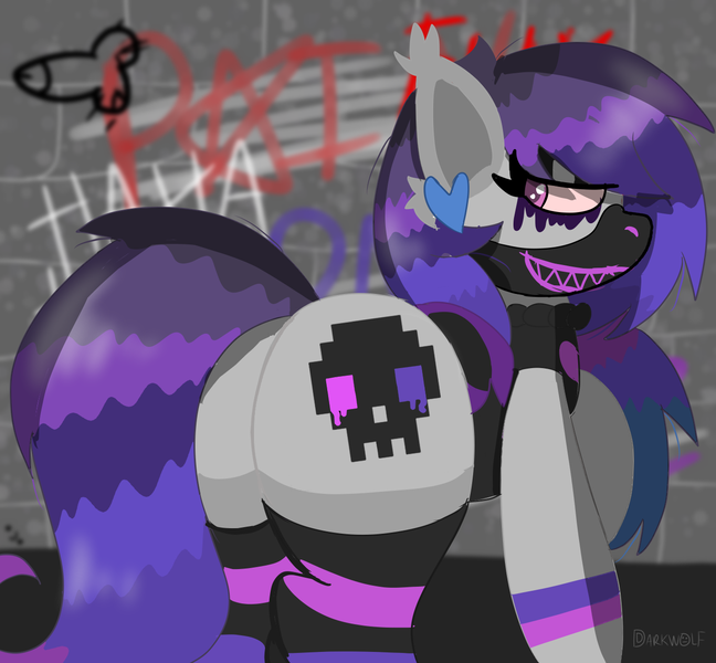 Size: 1350x1250 | Tagged: questionable, artist:darkwolfhybrid, derpibooru import, oc, oc:gallant graphics, unofficial characters only, bat pony, pony, bat pony oc, bat wings, butt, clothes, ear fluff, ear piercing, earring, edgy, goth, graffiti, high res, jewelry, looking back, makeup, mask, piercing, plot, rear view, running makeup, skull, sleeveless, sleeveless sweater, socks, striped socks, sweater, wall, wings