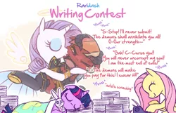 Size: 1048x673 | Tagged: safe, artist:raridashdoodles, derpibooru import, fluttershy, rainbow dash, rarity, twilight sparkle, pony, angel, angel x devil, blanket, devil, do not want, female, halo, kissing, lesbian, paper, plushie, raridash, raridash writing contest, raridom, shipping, sleeping