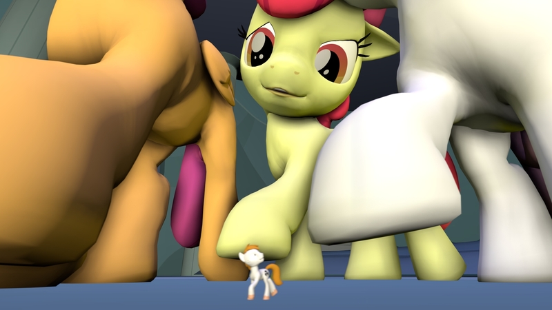 Size: 1920x1080 | Tagged: safe, artist:jeroen01, derpibooru import, apple bloom, scootaloo, sweetie belle, oc, oc:vanilla beam, earth pony, pegasus, pony, unicorn, 3d, cutie mark crusaders, head out of frame, macro, micro, open mouth, shrunk, size difference