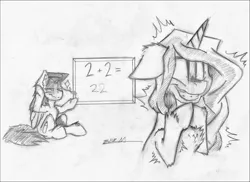 Size: 3439x2500 | Tagged: safe, artist:adilord, derpibooru import, oc, oc:think drizzle, unofficial characters only, pony, duo, graduate, monochrome, school, simple background, stupid, traditional art, white background