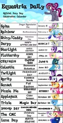 Size: 823x1600 | Tagged: apple bloom, applejack, applejack day, calendar, celestia day, chrysalis day, cmc day, cutie mark crusaders, derpibooru import, derpy day, derpy hooves, discord, discord day, equestria daily, fluttershy, fluttershy day, luna day, mane six, oc, oc:spotlight splash, pinkie pie, pinkie pie day, princess cadance, princess celestia, princess luna, queen chrysalis, rainbow dash, rainbow dash day, rarity, rarity day, rd day, safe, scootaloo, shining armor, spike, spike day, starlight glimmer, starlight glimmer day, sunset shimmer, sweetie belle, trixie day, twilight day, twilight sparkle, updated