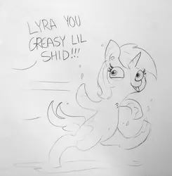 Size: 1307x1335 | Tagged: safe, artist:tjpones, derpibooru import, lyra heartstrings, pony, unicorn, bipedal, chest fluff, dialogue, ear fluff, female, greasy, implied bon bon, l.u.l.s., mare, offscreen character, running, shid, silly, silly pony, solo, tongue out, u lil shid, vaseline, vulgar