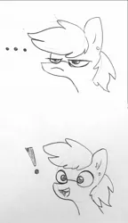 Size: 653x1134 | Tagged: safe, artist:tjpones, derpibooru import, oc, oc:tjpones, unofficial characters only, earth pony, pony, ..., bust, comic, ear fluff, ear piercing, exclamation point, glasses, grayscale, grumpy, happy, lineart, male, monochrome, piercing, simple background, solo, stallion, traditional art