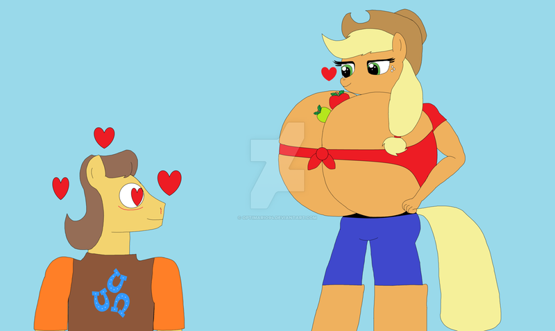 Size: 1600x954 | Tagged: suggestive, artist:optimario94, derpibooru import, applejack, caramel, anthro, absolute cleavage, apple, bedroom eyes, between breasts, big breasts, blue background, breasts, busty applejack, carajack, cleavage, deviantart watermark, female, floating heart, food, front knot midriff, heart, heart eyes, huge breasts, hyper, hyper breasts, impossibly large breasts, male, midriff, obtrusive watermark, shipping, simple background, spherical breasts, straight, terrible, watermark, wingding eyes