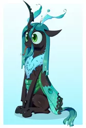 Size: 1000x1486 | Tagged: safe, artist:deusexequus, derpibooru import, queen chrysalis, changeling, insect, moth, mothling, original species, :p, chest fluff, cute, cutealis, female, onomatopoeia, raspberry, raspberry noise, silly, sitting, slit eyes, solo, species swap, tongue out