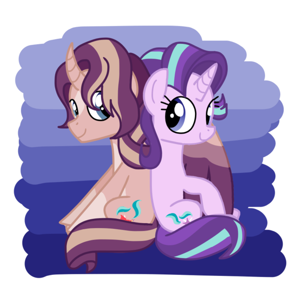 Size: 849x822 | Tagged: safe, artist:andromedasparkz, derpibooru import, starlight glimmer, oc, oc:shimmering spectacle, alicorn, pony, unicorn, alicorn oc, canon x oc, colored wings, colored wingtips, female, horn, incest, magical lesbian spawn, magical threesome spawn, male, mare, offspring, smiling, stallion, two toned wings, wings