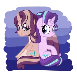 Size: 849x822 | Tagged: safe, artist:andromedasparkz, derpibooru import, starlight glimmer, oc, oc:shimmering spectacle, alicorn, pony, unicorn, alicorn oc, canon x oc, colored wings, colored wingtips, female, horn, incest, magical lesbian spawn, magical threesome spawn, male, mare, offspring, smiling, stallion, two toned wings, wings
