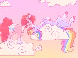 Size: 1024x768 | Tagged: safe, artist:wanderingpegasus, derpibooru import, pinkie pie, rainbow dash, earth pony, pegasus, pony, altered cutie mark, chest fluff, cloud, colored hooves, colored wings, duo, female, lesbian, looking at each other, mare, on back, pinkiedash, shipping, sky, smiling, unshorn fetlocks, wings