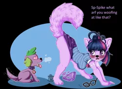 Size: 640x469 | Tagged: suggestive, artist:coffee-draws, derpibooru import, sci-twi, spike, spike the regular dog, twilight sparkle, anthro, dog, equestria girls, equestria girls series, ass up, blushing, breasts, canines, clothes, dogified, estrus, face down ass up, female, feral, furry, heart eyes, imminent sex, implied bestiality, littlest pet shop, male, panties, parody, purple underwear, scitwispike, shipping, species swap, speech change, straight, this will end in snu snu, transformation, twilight barkle, twispike, underwear, wingding eyes, zoe trent