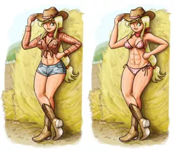 Size: 1834x1600 | Tagged: abs, applejack, applejacked, armpits, artist:king-kakapo, belly button, bikini, body freckles, boots, breasts, clothes, cowboy hat, daisy dukes, derpibooru import, female, freckles, front knot midriff, hat, hat tip, hay, hay bale, human, humanized, midriff, muscles, one eye closed, plaid, redraw, scarf, shirt, shoes, shorts, solo, stetson, string bikini, suggestive, swimsuit